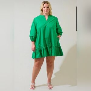 Sugarlips Curve Velma Balloon Sleeve Ruffle Shift Dress: Green: Size- 2X